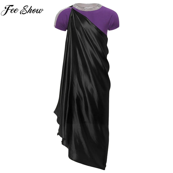 Men Halloween Theme Ancient Greek Mythology God Hades Costume Short Sleeve Robe with One - Black Purple / M