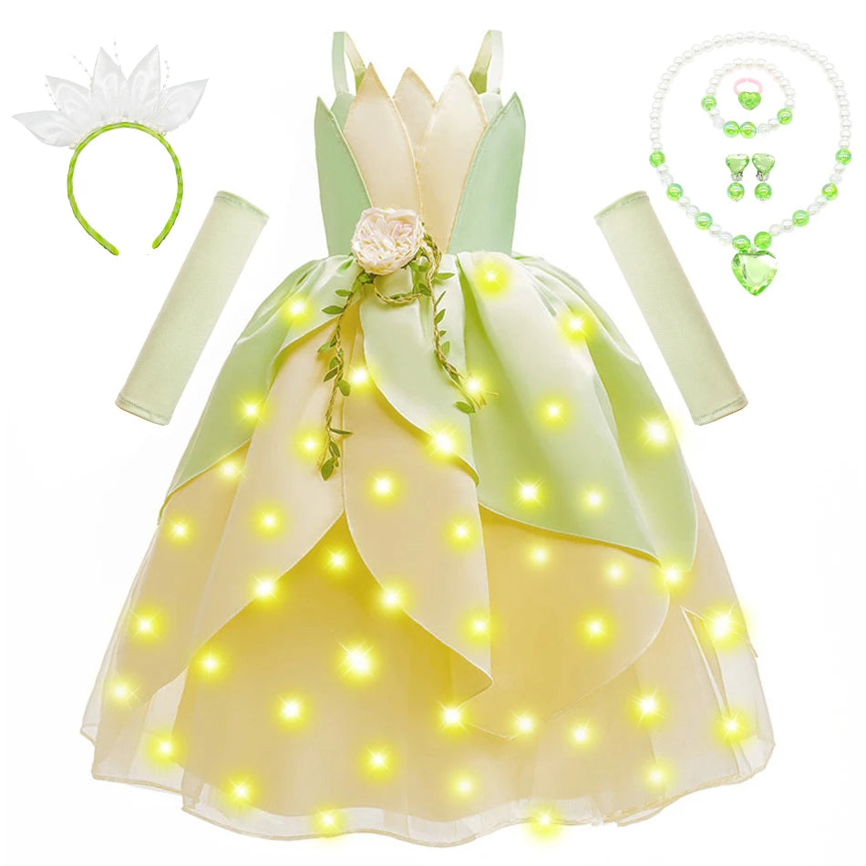 Girls Tiana-Inspired Princess Dress – Floral & Light-Up Costume Options