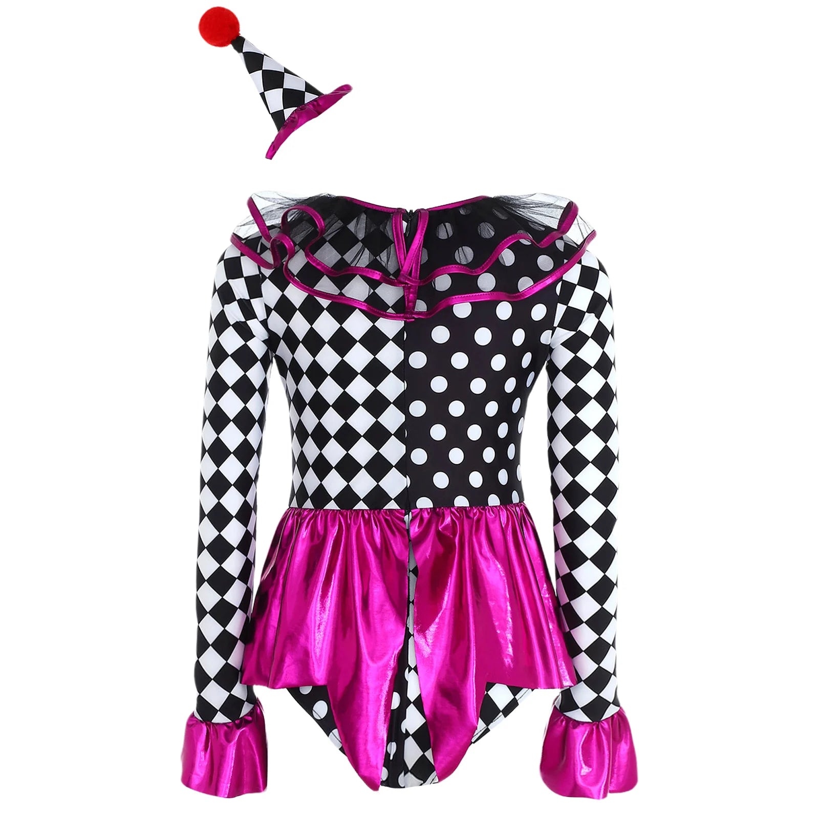 Girls Halloween Clown Joker Bodysuit Costume Metallic Ruffle Skirt Checkerboard Print Dance Leotard Dress - product image 2