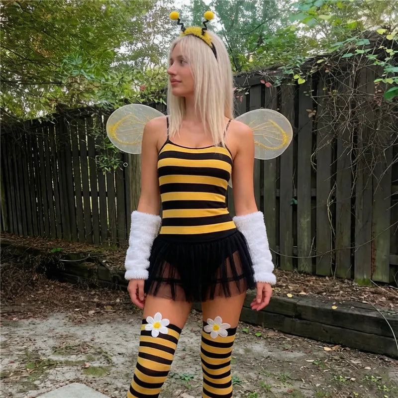 Ladybug Bee Costume Women Spaghetti Strap Mini Dress With Apron Cute Animal Print
