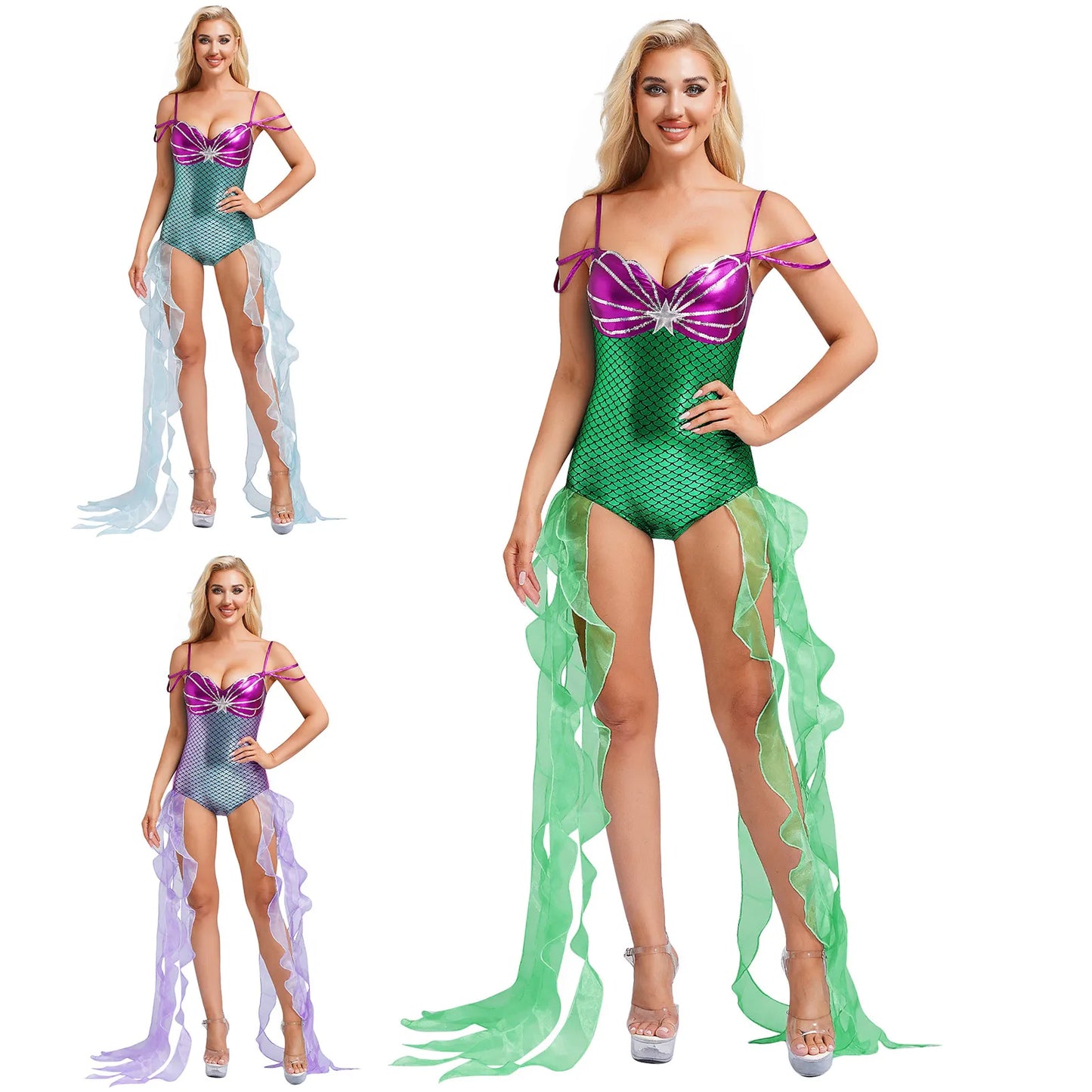 Women Halloween Theme Mermaid Princess Costume Sequin Metallic Shiny Fish Scales Print - Mint Green / 3XL