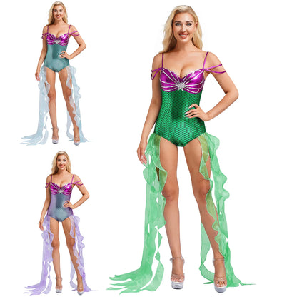 Women Halloween Theme Mermaid Princess Costume Sequin Metallic Shiny Fish Scales Print - Mint Green / 3XL