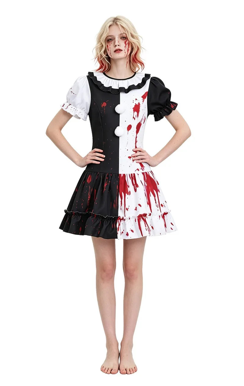 Halloween Clown Costume Women Adult Blood Stained Dress Masquerade Party Horror Bloody Clown Cos Short Skirt Performance Costume