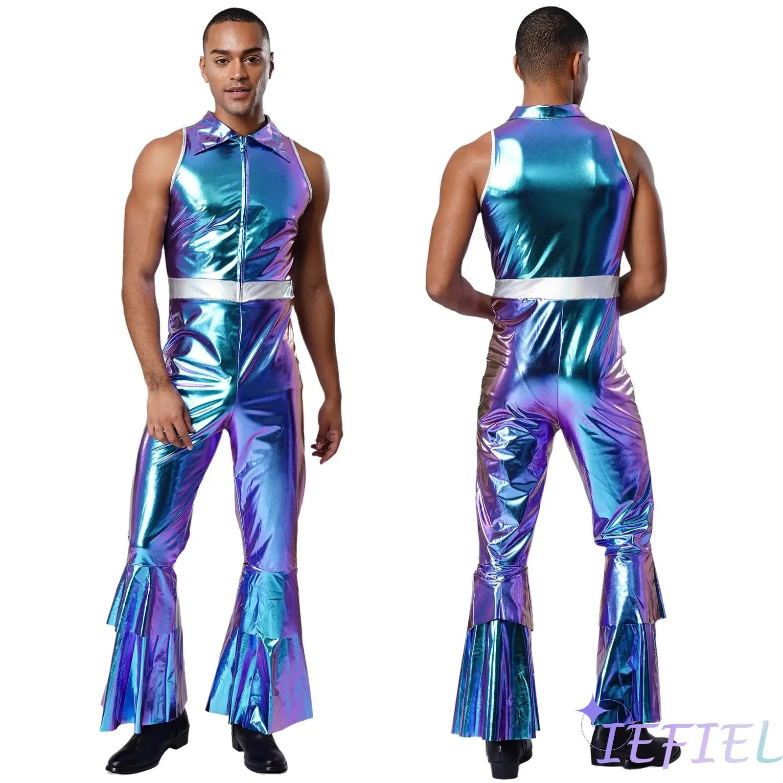 Adult Mens Shiny Metallic 70s Disco Costume Lapel Collar Sleeveless High Waist Flared Jumpsuit Rock Disco - product image 1
