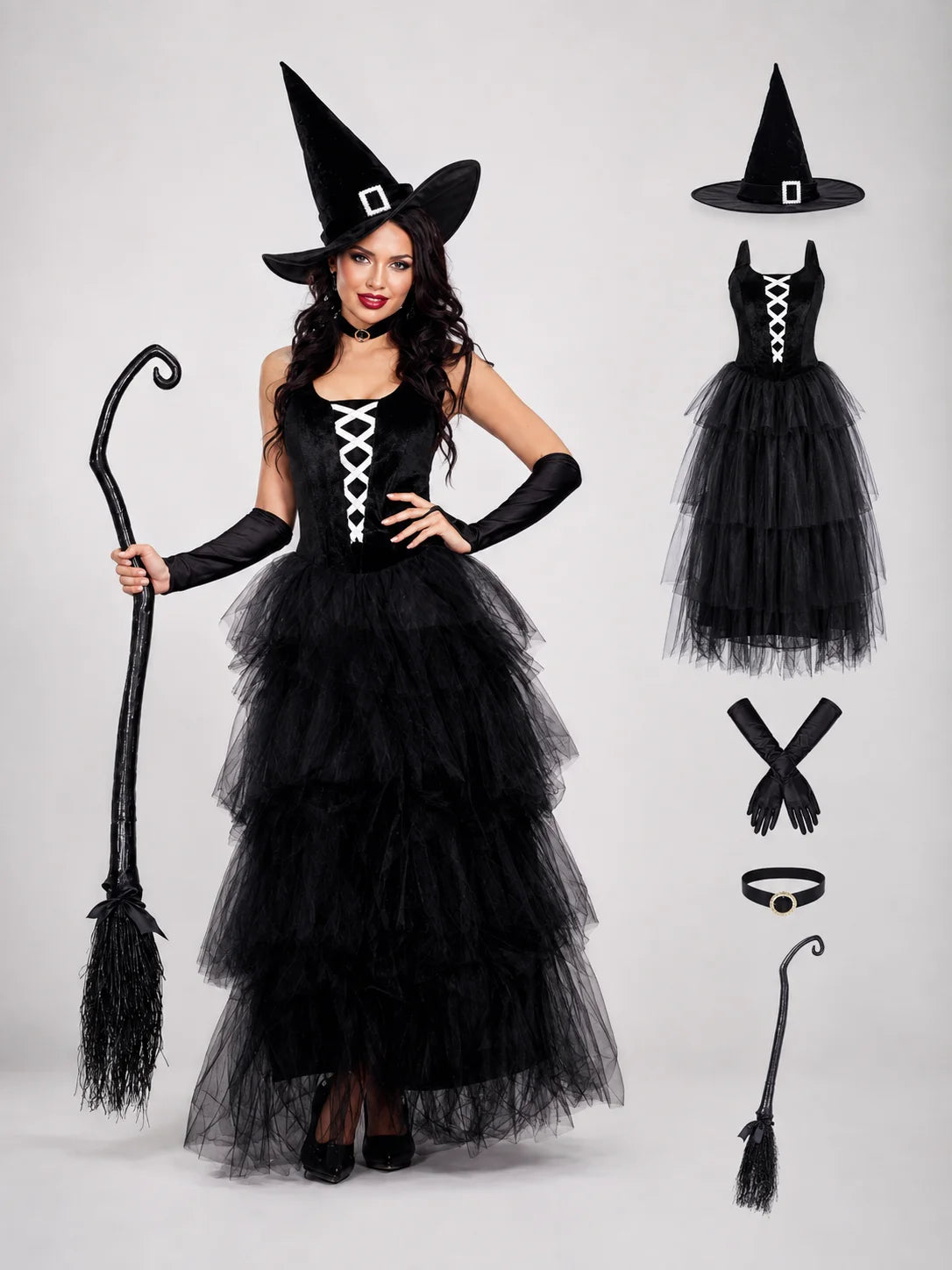 Women's Gothic Witch Costume – Tulle Gown, Hat & Accessories