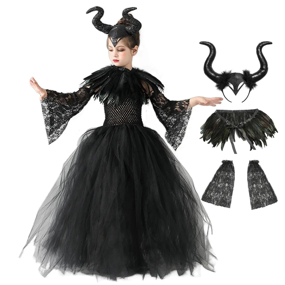 Halloween Maleficents Costume for Girls Evil Queen Dress Up Costumes Witch Devil Black Tulle Mesh Princess - product image 7