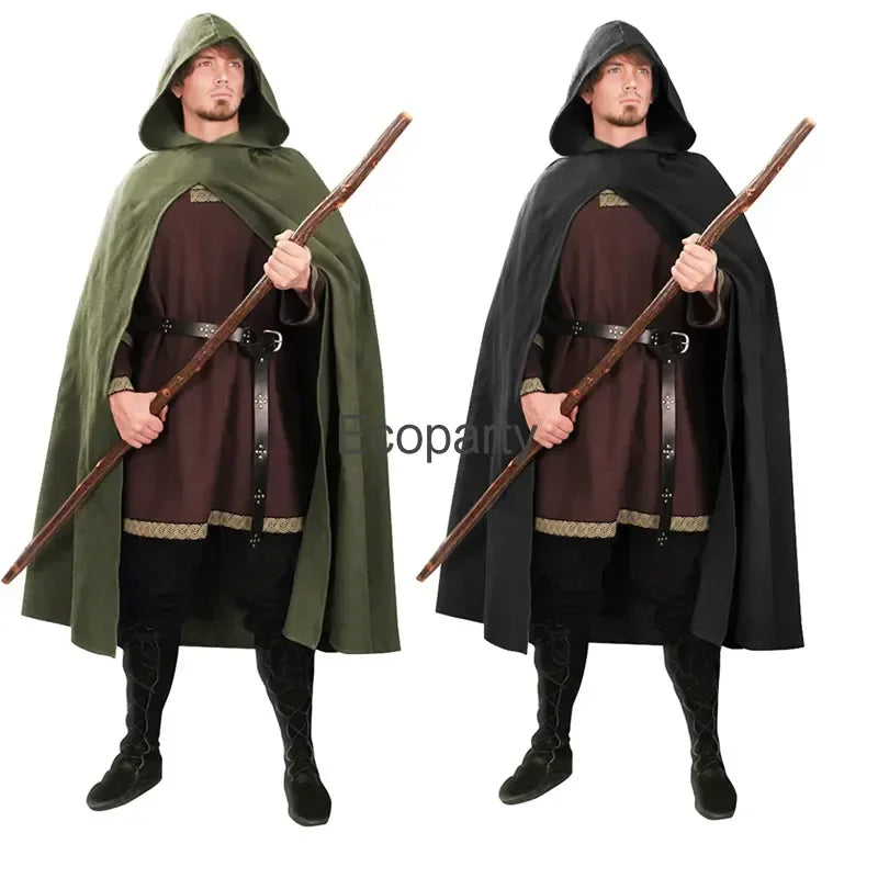 Men Medieval Ancient Hunter Ranger Costume Ancient Hooded Cloak Adult Wizard Celtics - top belt / XXL