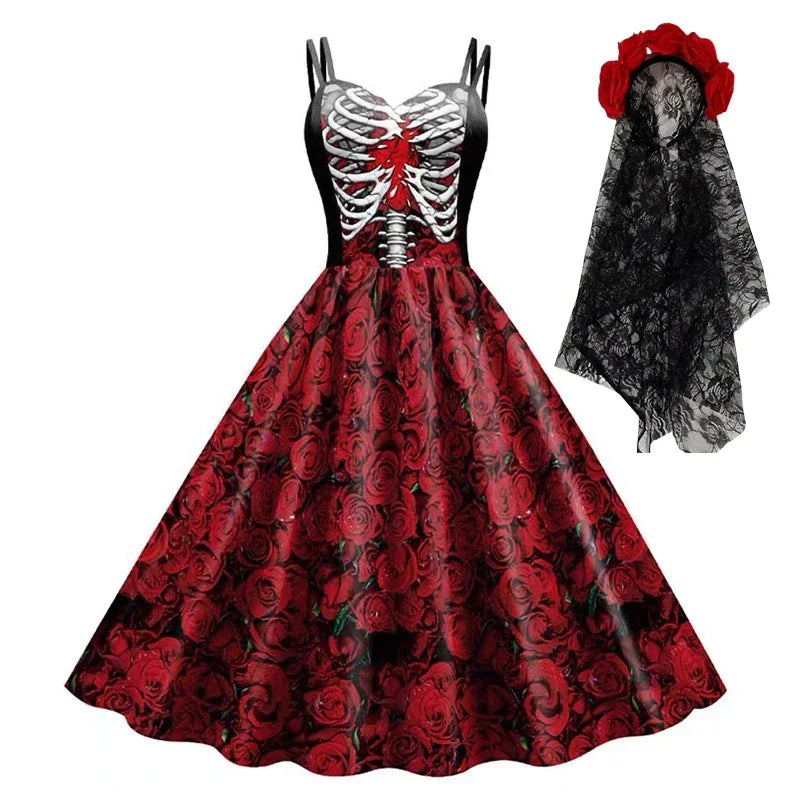 Women's New for Skull Print Halter Dress Sleeveless Tunic Vintage Dresses Costume - alternate view 6