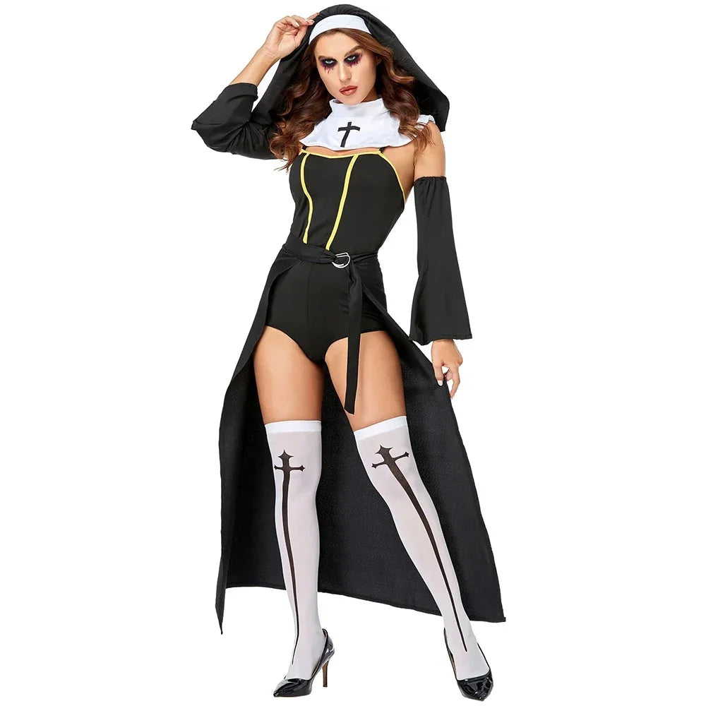 2026 Women Church Religious Sister Bad Habit Sexy Nun Costume  Adult Halloween Party Cosplay Uniform Fancy Black Dress