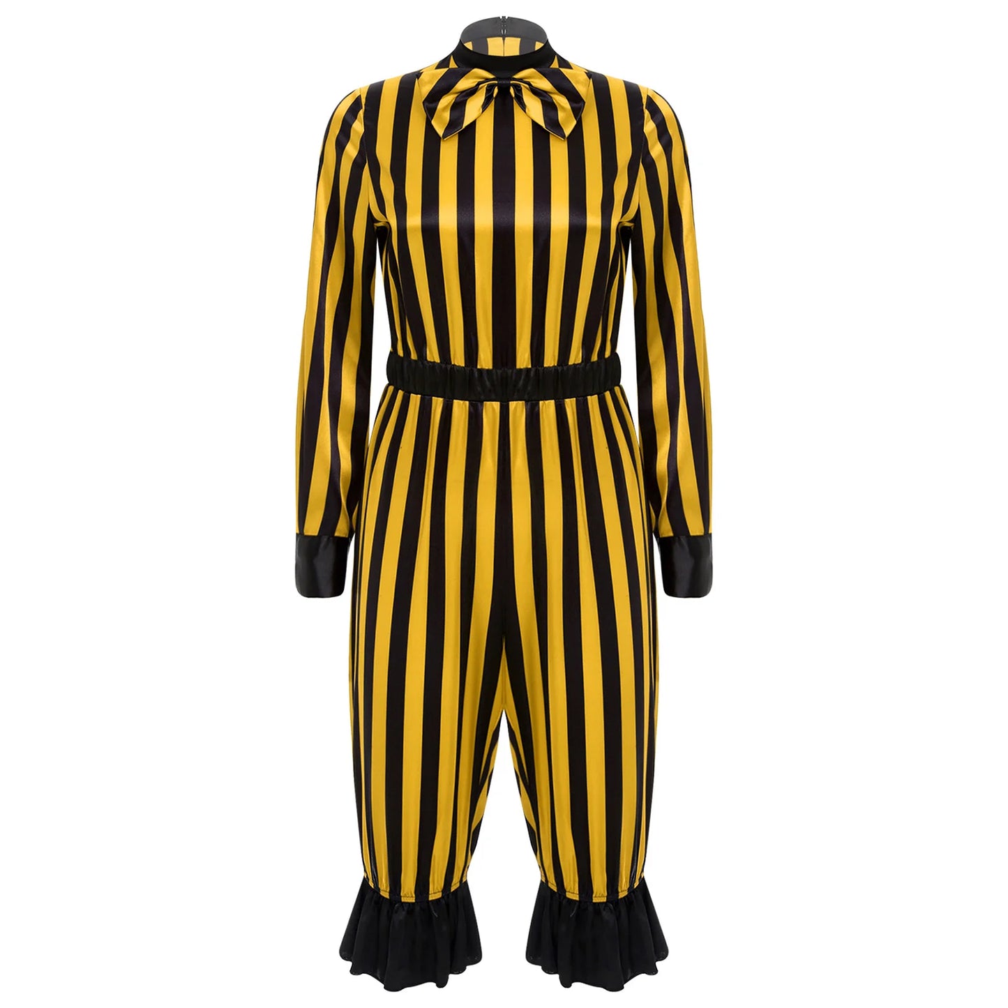 Women's Halloween Wicked Clown Circus Costume Vintage Rompers Bow Sleeve Bloomers Pants - Yellow Black / L