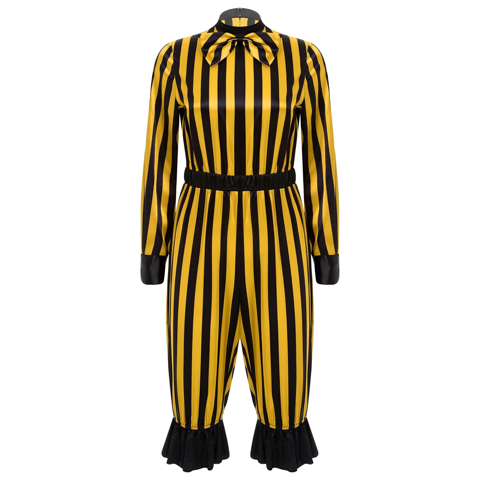 Women's Halloween Wicked Clown Circus Costume Vintage Rompers Bow Sleeve Bloomers Pants - Yellow Black / L