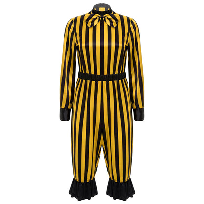 Women's Halloween Wicked Clown Circus Costume Vintage Rompers Bow Sleeve Bloomers Pants - Yellow Black / L