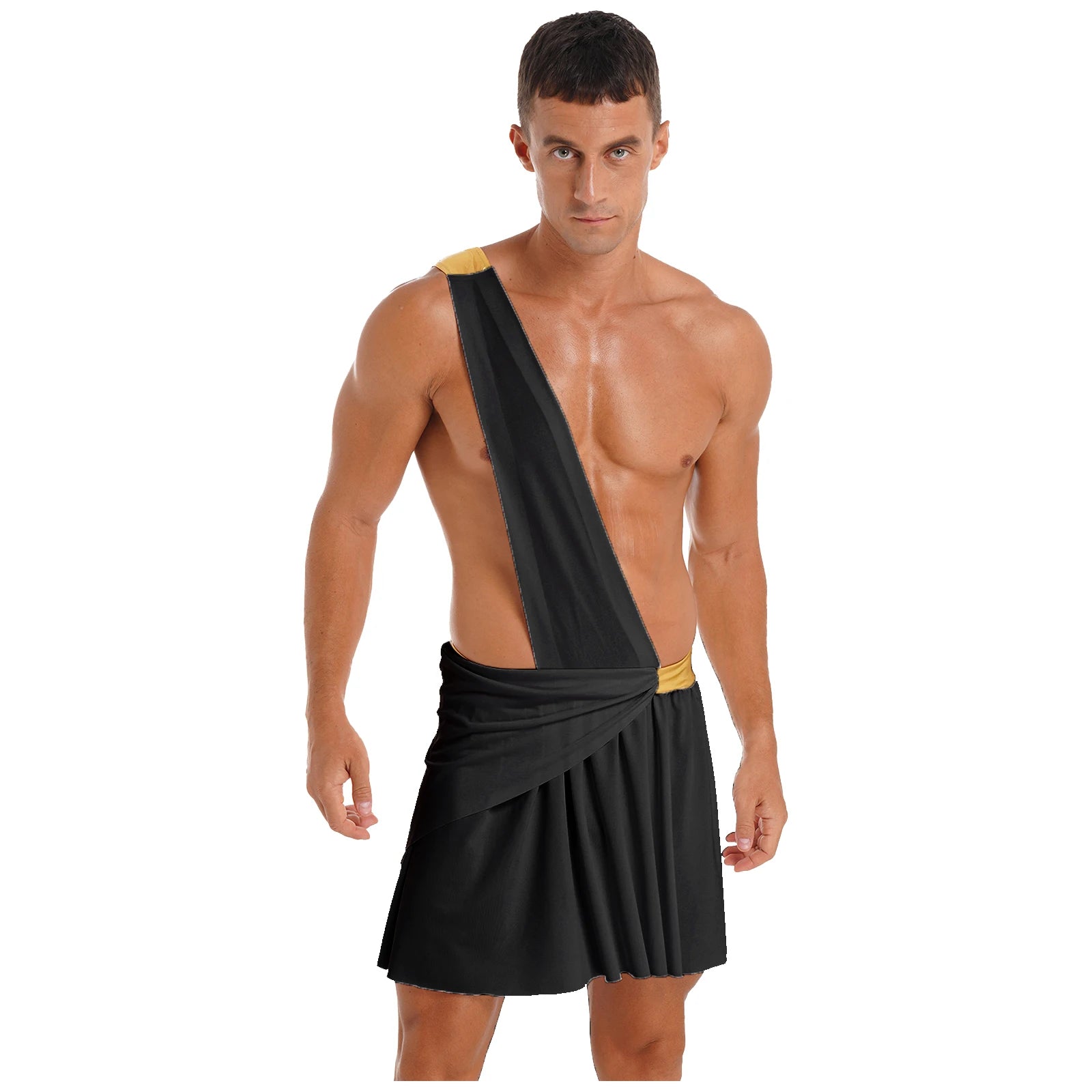 Men's Ancient Greek God Halloween Costume One Shoulder Strap Skirts Knight Warrior - Black A / XXL
