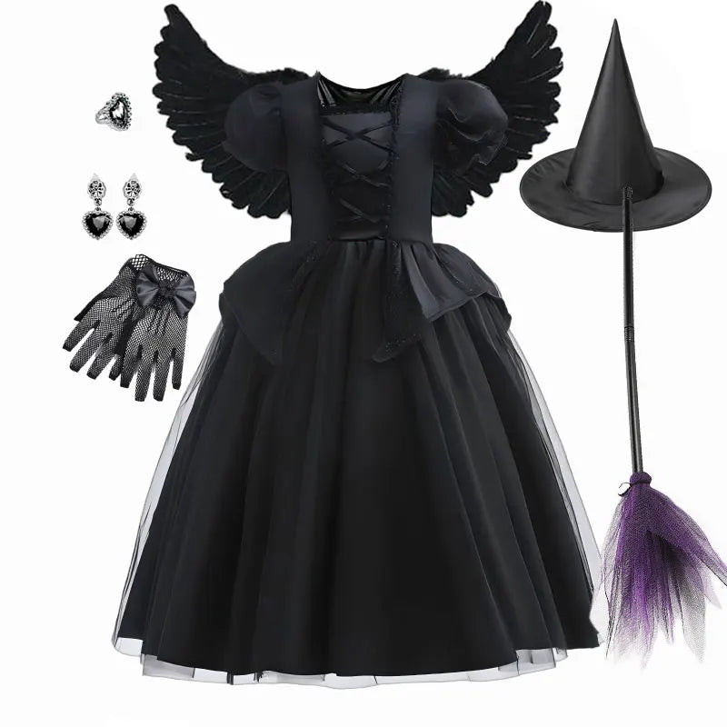 Girls Black Witch Halloween Costume Dress with Hat
