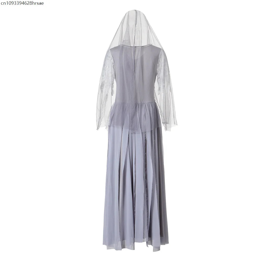 Women Ghost Bride Halloween Costume With Veil Skull Lace Red Rose Gothic - product image 4