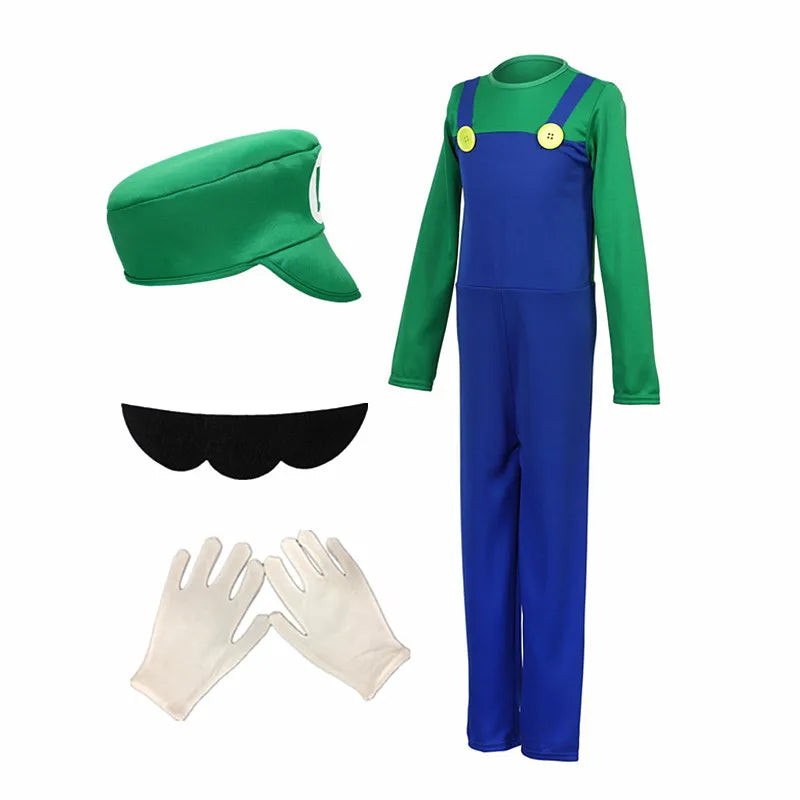 Boy Red and Green Game Jumpsuit with Hat, Beard, and Gloves, Halloween Costume for Performances, Parties, and Birthday Gifts