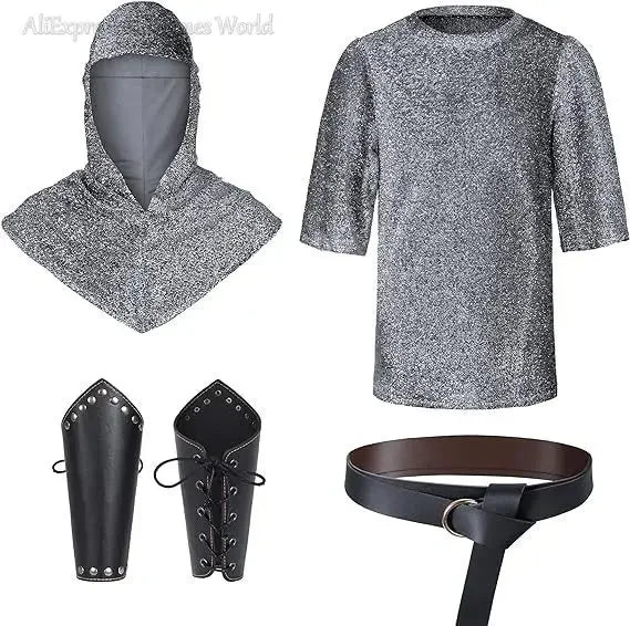 Renaissance for Men Outfits Armor Tunic Coif Cowl Crusader Costume Medieval Noble Knight - Hats Shirt Belt / XL