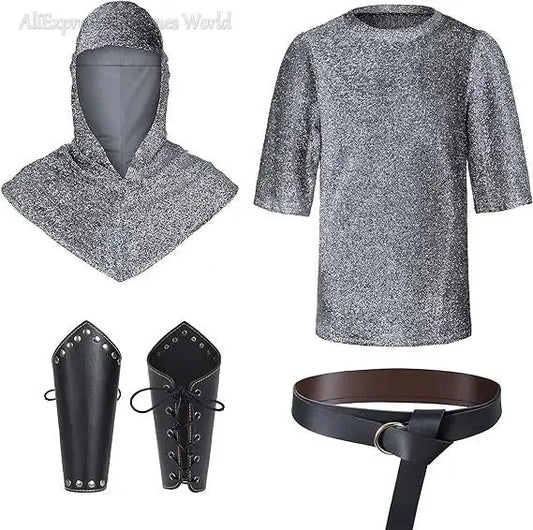 Renaissance for Men Outfits Armor Tunic Coif Cowl Crusader Costume Medieval Noble Knight - Hats Shirt Belt / XL