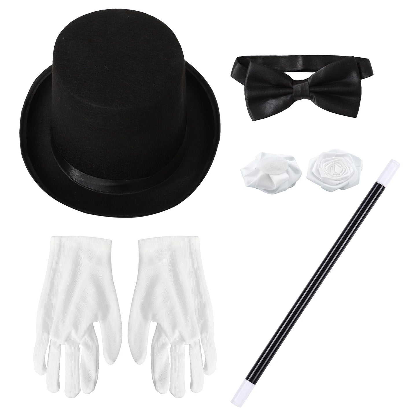 Magician Accessories Bowler Hat Satin Bow Tie Ribbon Roses And Magic Wand Gloves - alternate view 6