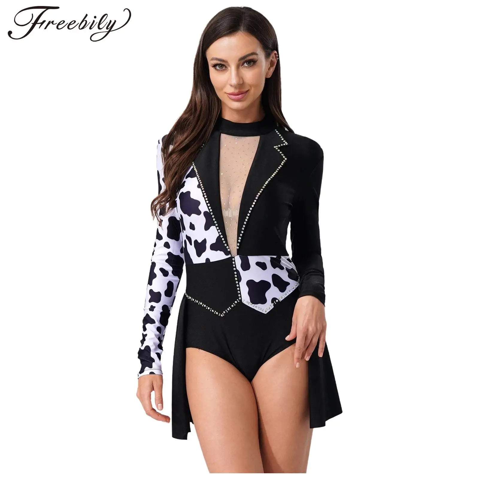 Women's Halloween Devil Witch Evil Clown Dalmatian Cosplay Costume Shiny Mesh Spotty Contrast Leotard Dress - product image 1
