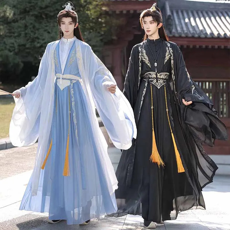 Chinese Hanfu Men Halloween Costume Outfit Ancient Embroidered Black&Blue Hanfu Suits Plus - Blue set / S