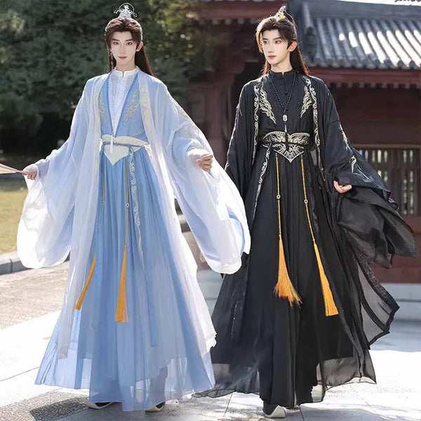Chinese Hanfu Men Halloween Costume Outfit Ancient Embroidered Black&Blue Hanfu Suits Plus - Blue set / S