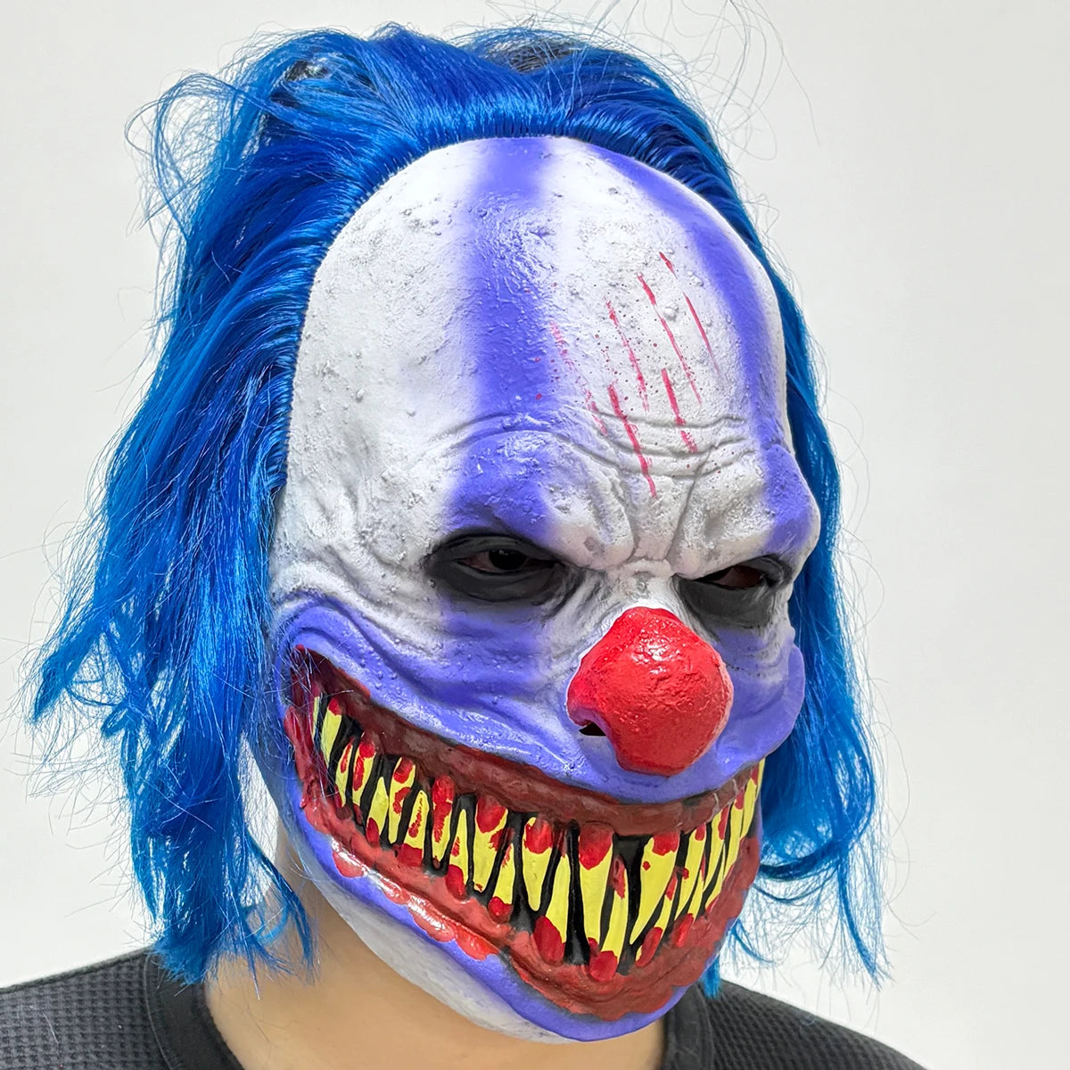 Scary Evil Clown Latex Mask With Blue Wig, Sharp Fangs Horror Mask, - view 4