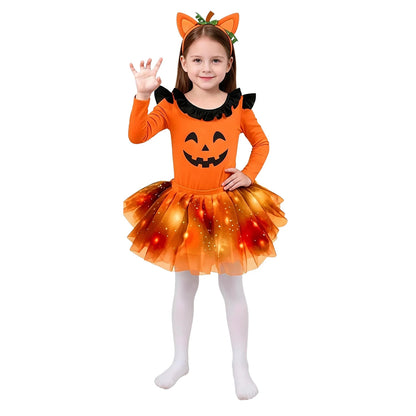Girls Halloween Costume Sleeve Bodysuit with Mesh Ruffled Layered Tutu Skirt Headwear Faux - Yellow / M