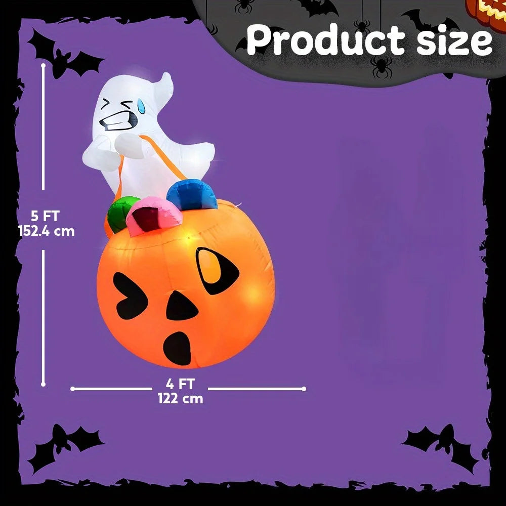 5 Ft Inflatable Ghost Halloween Decoration with LED Lights & Pumpkin Candy Bag