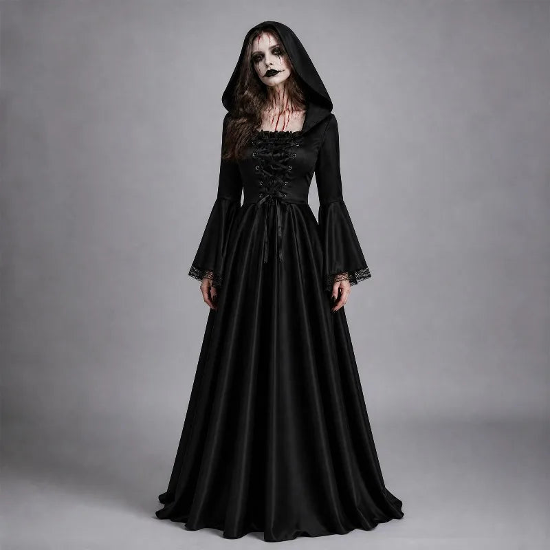 Women Gothic Hooded Long Dress Bell Sleeve Halloween Ghost Bride Witch - product image 2