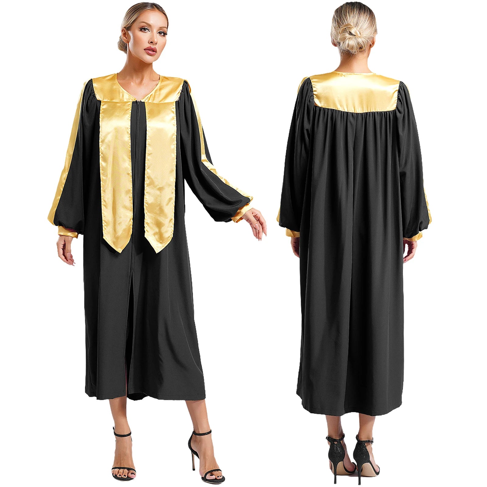 Choir Robe Theme V-neck Sleeve V-neck Color Block Zipper Split Front Gown Unisex - Black / XXL