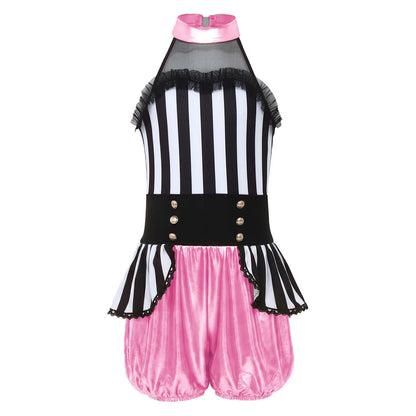 Kids Girl Halloween Circus Clown Costume Shiny Striped Tutu Leotard Ballet Gymnastics - Red / 8
