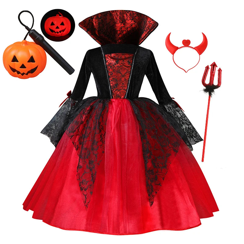 Kids Girls Vampire Devil Costume Dress Complete Set with Accessories Theme Costume
