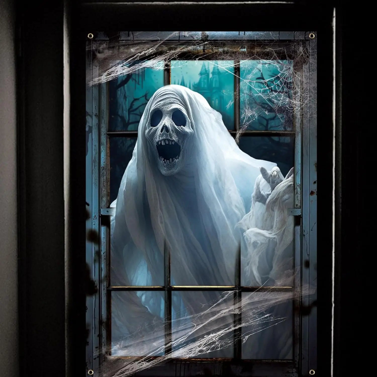 Halloween Window Cover, Large Spooky Window Clings White Cloth Ghost Haunted House Window Decor forIndoor