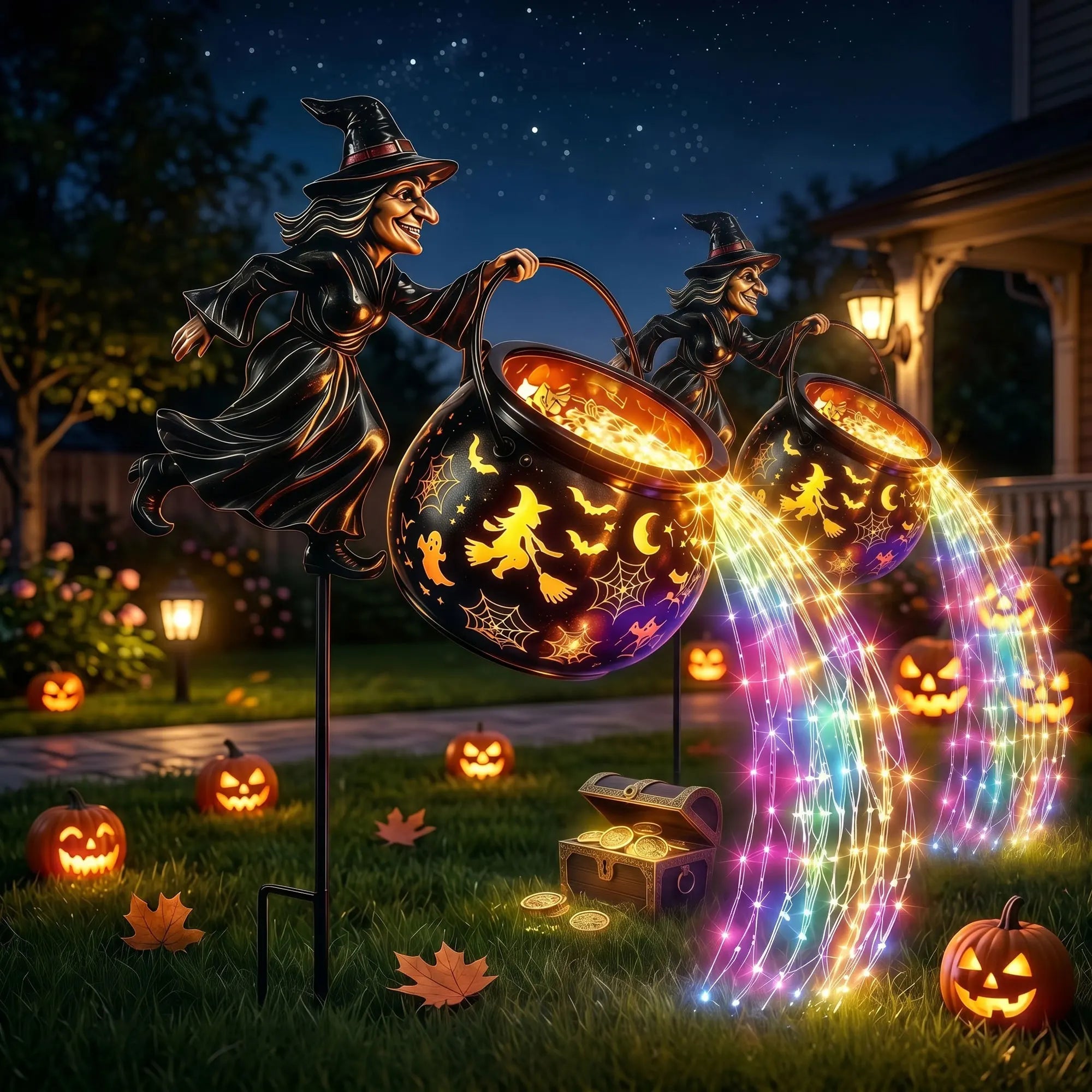Solar Witch Cauldron Garden Stake Light, 100 LED, 33.5"