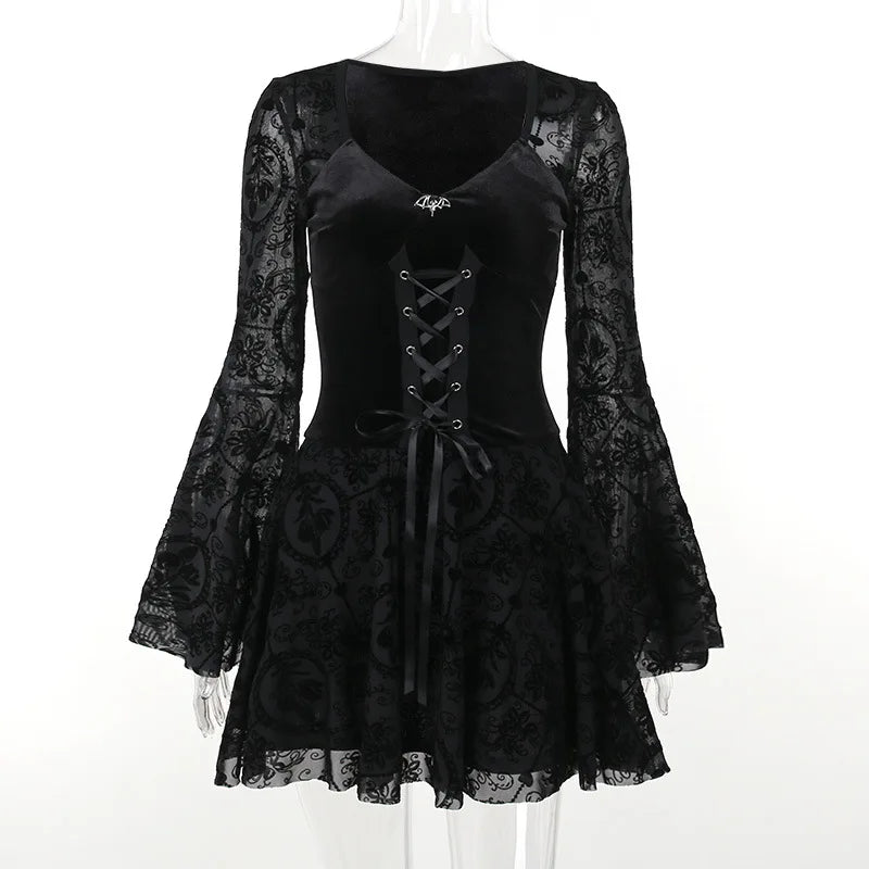 Women's Gothic Halloween Witch Dress Velvet V Neck Flocked Mesh Bell Sleeve Mini Dress Vintage Vampire - product image 7