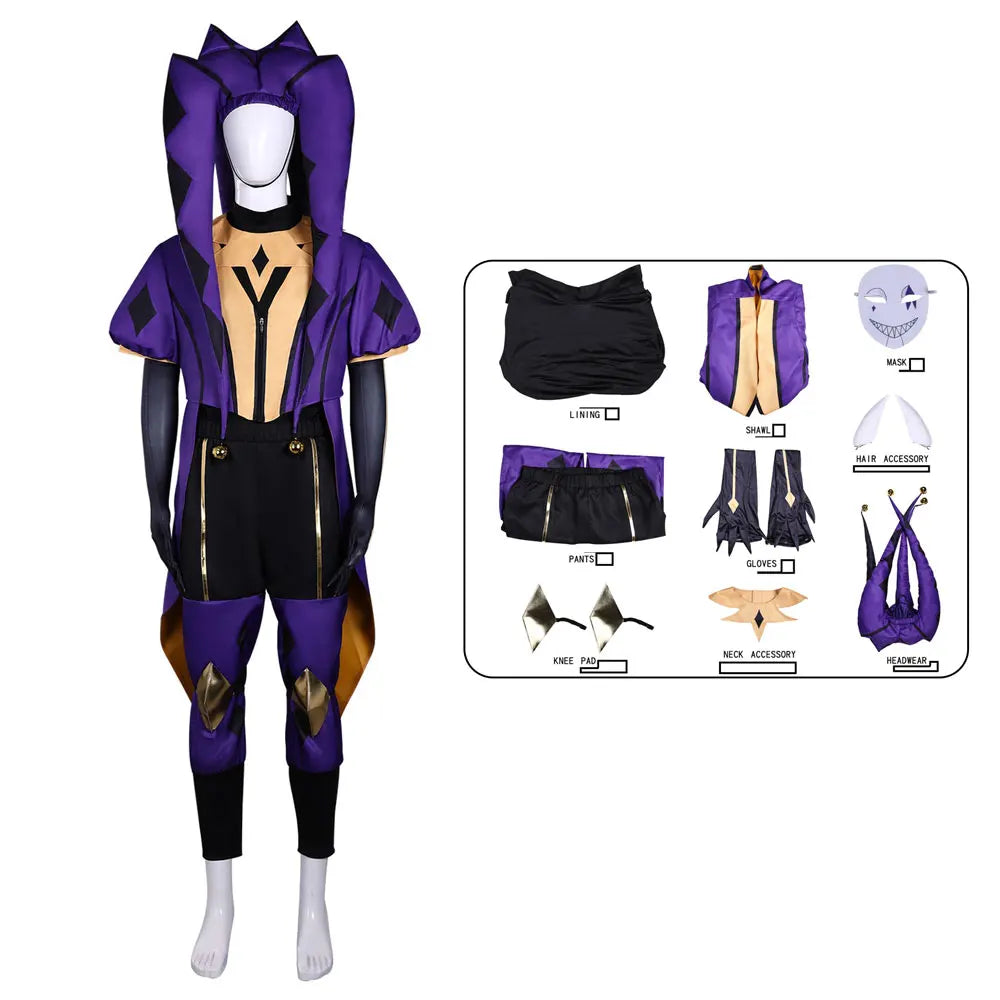 Game the Freak Circus Jester Costume Purple Black Retro Clown Outfit Complete Set with Hat - Costume only / XXL