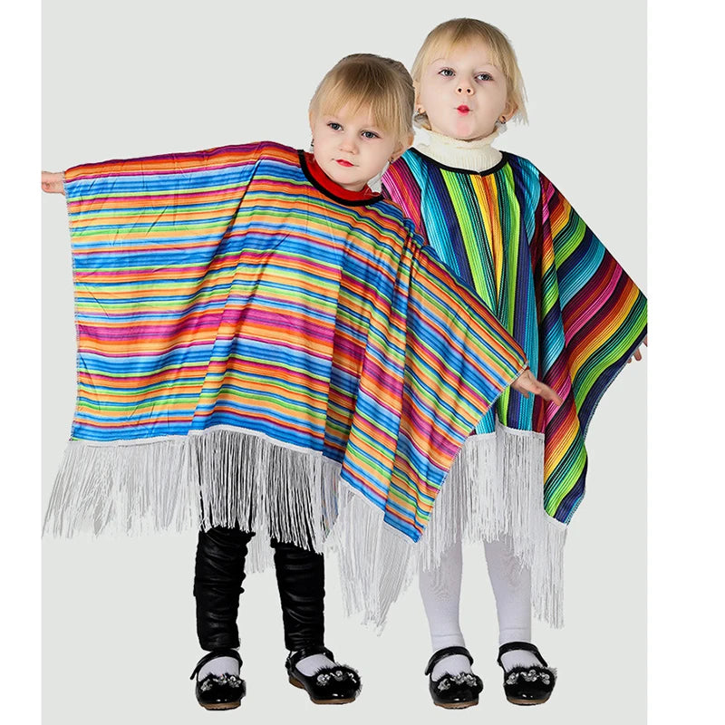 Kids Holiday Party Mexican Costume Cloak Ethnic Style Clothes Boys Girl Colorful Striped Cape Cosplay - product image 4