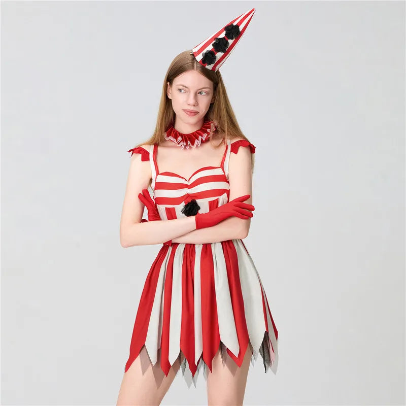 Women's Red Circus Clown Costume – Striped Mini Dress with Accessories