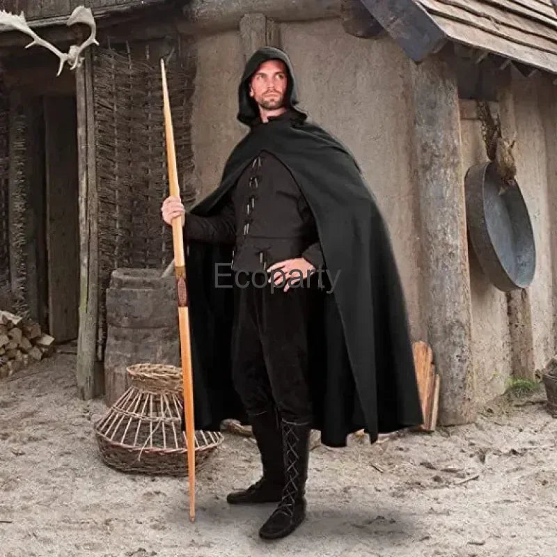 Men Medieval Ancient Hunter Ranger Costume Ancient Hooded Cloak Adult Wizard Celtics - top belt 1 / S