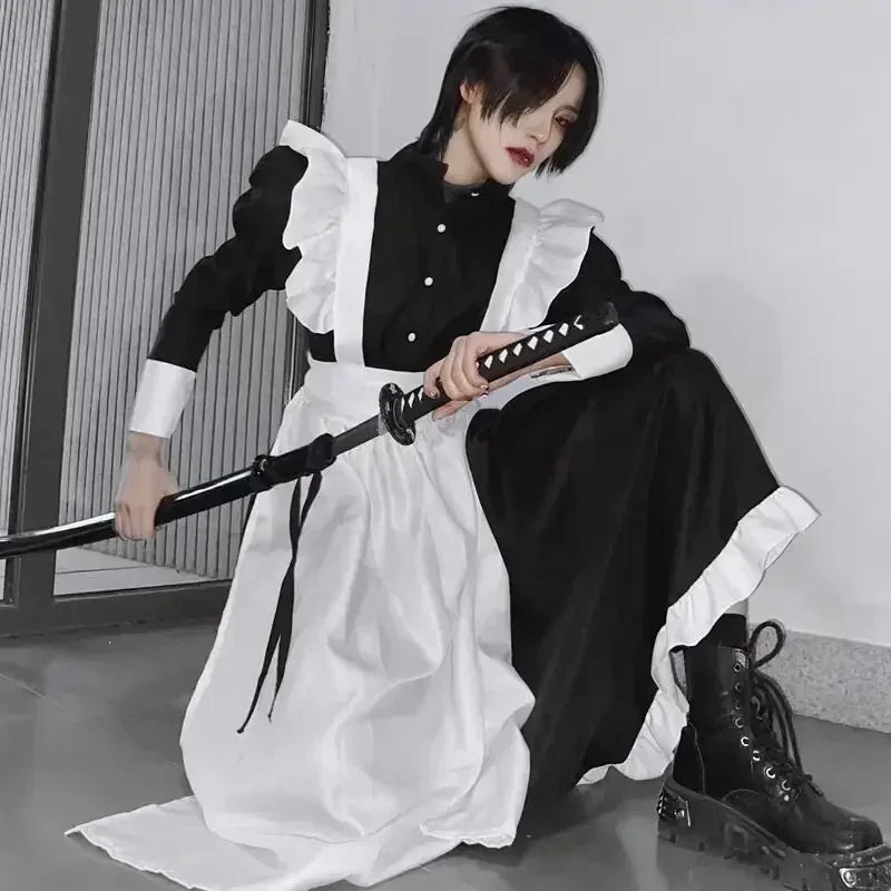 2025halloweenWomen Maid Outfit Dress Apron Dress Lolita Dresses Men Unisex Cafe Costume - Women / XXL