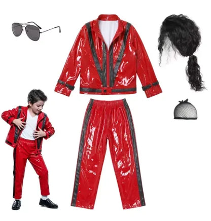 2026  MJ Michael Jackson Thriller Kids Costume  Red   Black Leather Jacket Pants Boys Halloween Stage Cosplay Outfit