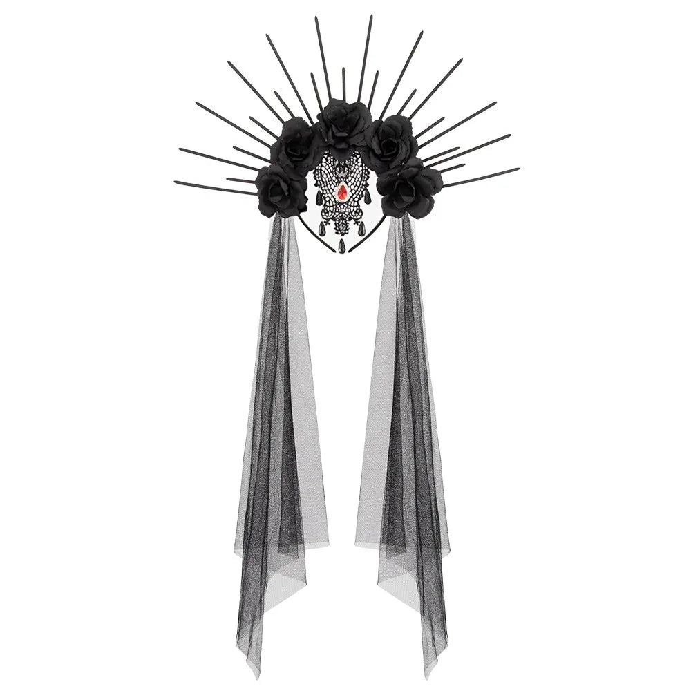 Headdress Mesh Halloween Headband Rhinestone Gothic Veil Headband Black Rose - product image 7
