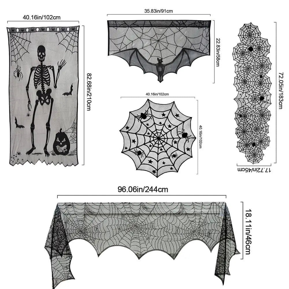 Halloween Bat Table Runner Lace Web Skeleton Skull Tablecloth Black Fireplace - product image 6