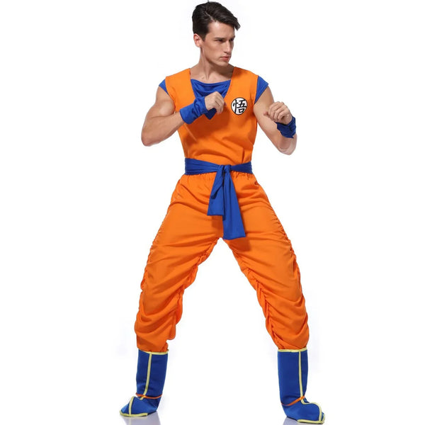 Adult Man Halloween Japanese Anime Son Spiky-Haired Martial Arts Hero Costume Superheroes Orange Jumpsuit Up - Orange / XL