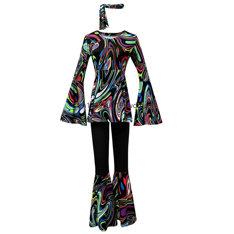 Women's Disco Multi-color Print Costume Hippie Cosplay Performance Clothes with Headband Set Female Dance - product image 11