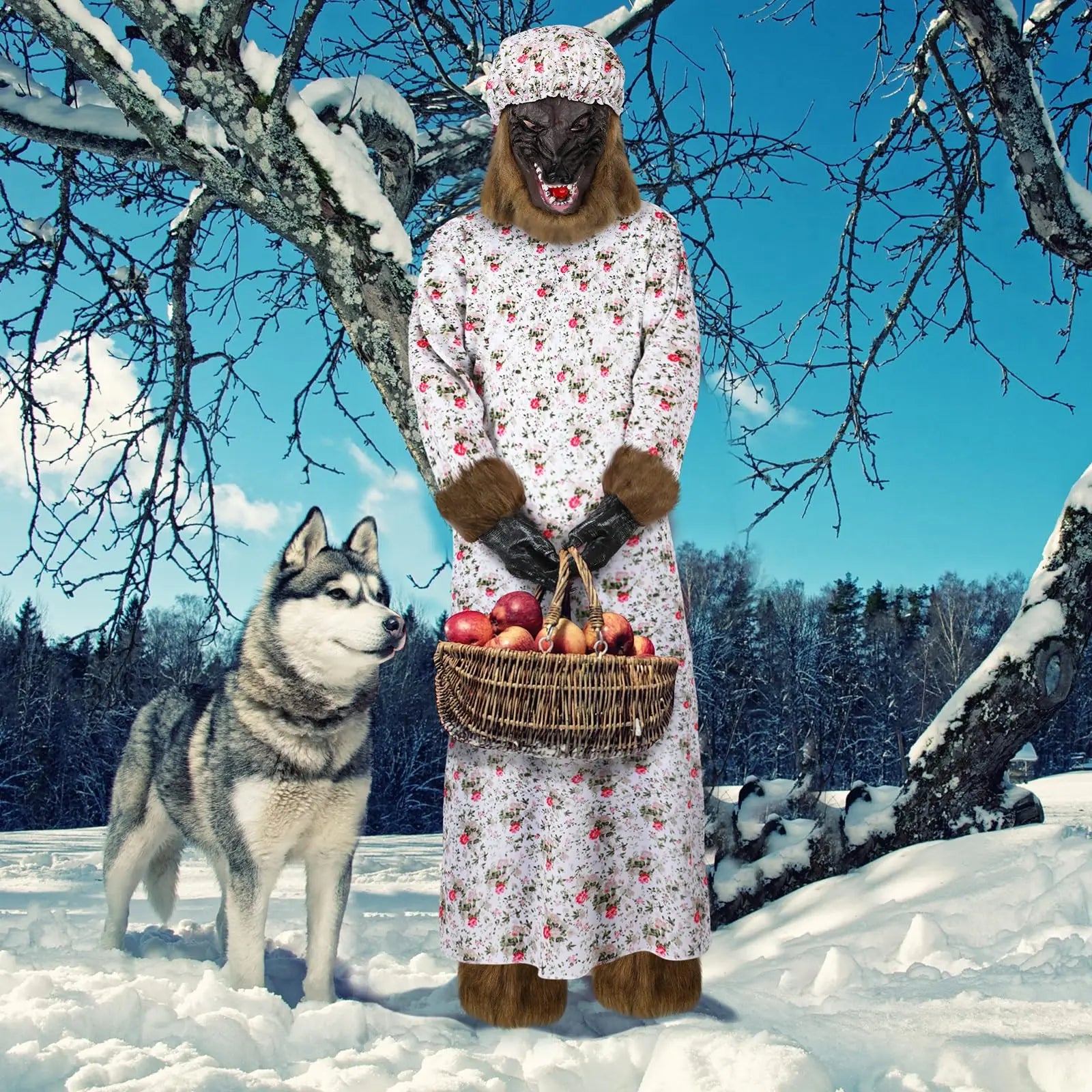 Wolf Granny Costume Set Adult Cosplay Dress Outfit with Hat Wolf Head Mask Gloves Leg Warmers for Christmas