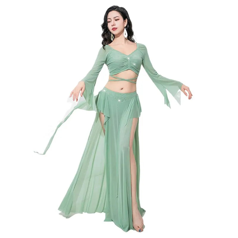 Women's Adult Costumes Horn Long Sleeve Oriental Dance Dress Sparkle Rhinestone Shine Skirt Sexy Side Split - product image 9