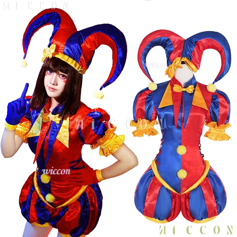 Circus Clown Costume Wig Halloween Cute Pommni Hat Cartoon Onesie Red and Blue Stripe - B and Wig / XXL