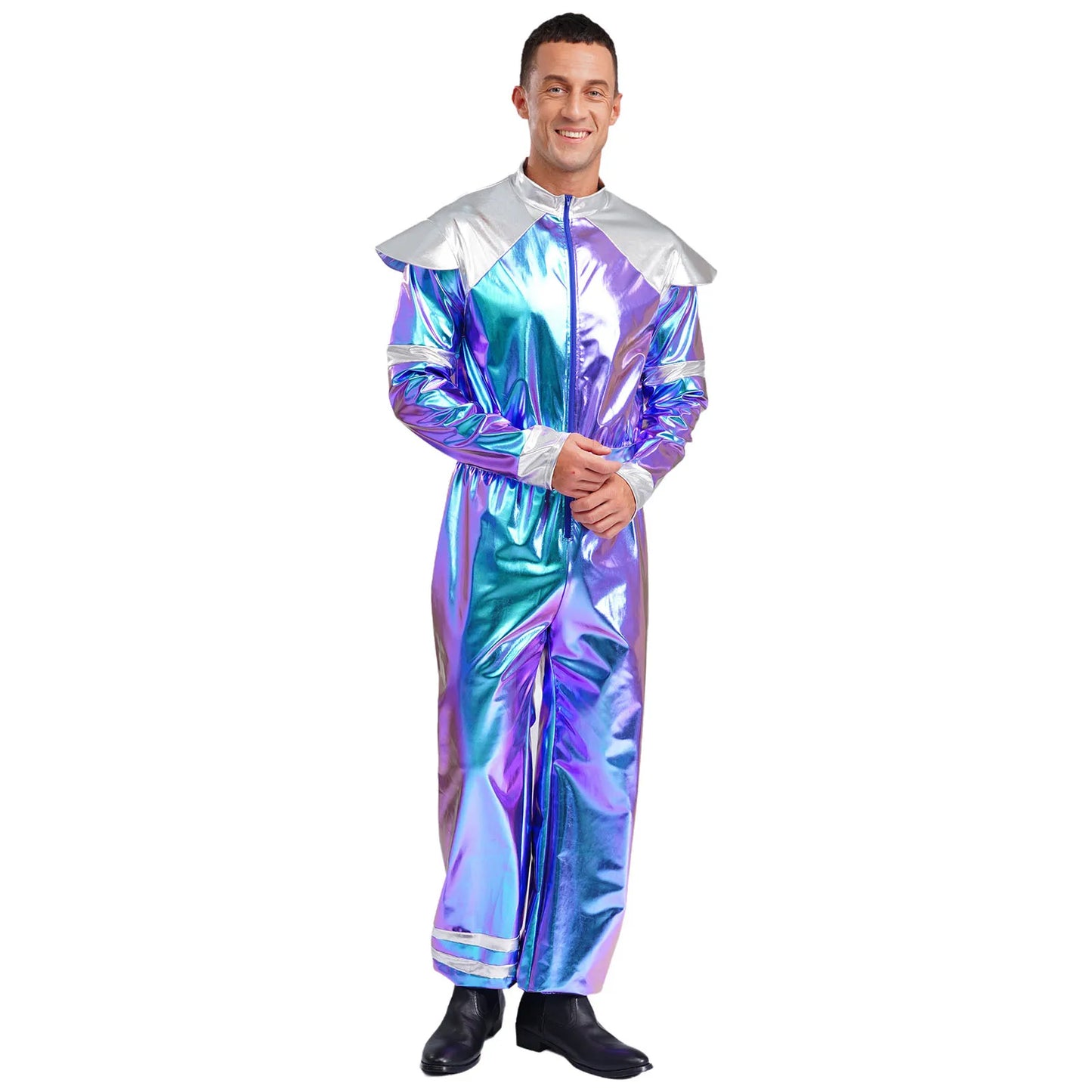 Men's Outer Space Alien Costume Halloween Robot Costume Jumpsuit Sleeves Deluxe Shiny - Blue / 3XL